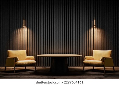 Two yellow chairs and a table in a dark room with black wall, in the style of realistic, striped compositions, minimalist imagery. Decorated home mockup with free space, 3d illustration, 3d rendering.