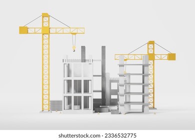 Two yellow cranes with concrete house building and parking under construction, grey background. Concept of new apartment, residential complex and real estate. 3D rendering illustration - Powered by Shutterstock