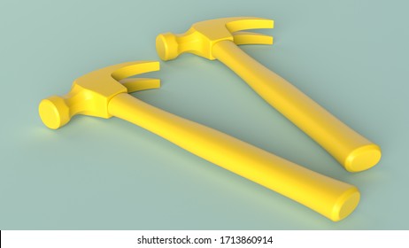 Two Yellow Monochromatic Hammers On The Green Background. 3d Render.