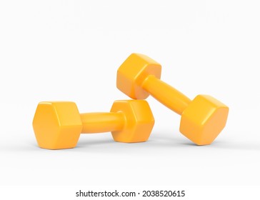 Two yellow rubber or plastic coated fitness dumbbells isolated on white background. Sport equipment. 3D render illustration