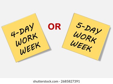 Two yellow sticky notes, one reading 4-Day Work Week and the other 5-Day Work Week, separated by the word Or.