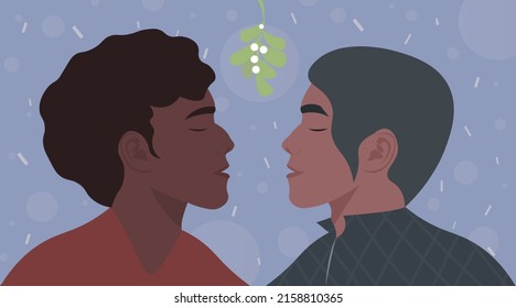 Two Young African-Americans Kissing. Kissing Under A Mistletoe Branch, At A Christmas Party. A Gay Couple Is Going To Kiss For The First Time. Love Is Love