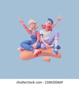 Two young funny colorful asian red-haired blonde girls wear fashion casual blue purple clothes show fingers peace sign victory symbol have fun joy sit on orange cloud floating in air. 3d pastel render - Powered by Shutterstock