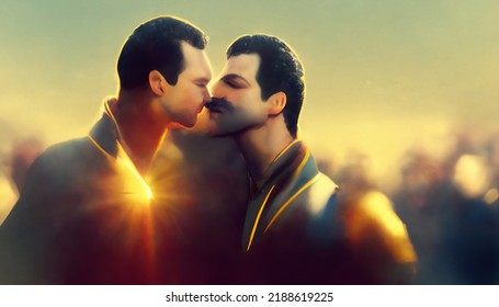 Two Young Men Kissing, Covered With Rainbow Flag, Abstract Picture. LGBTQ Community, Pride Event And Rights Protection Concept