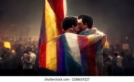 Two Young Men Kissing, Covered With Rainbow Flag, Abstract Picture. LGBTQ Community, Pride Event And Rights Protection Concept