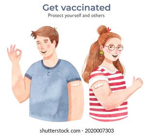 Two young people smiling after vaccination. Get vaccinated poster. A guy and a girl showing OK and thumb up signs with plaster on their shoulders. COVID-19 vaccine.  - Powered by Shutterstock