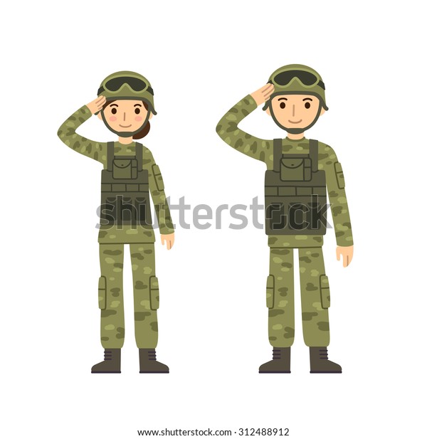 男と女の2人の若い兵士が 迷彩服を着た戦闘服の敬礼をしている かわいい平らな漫画 白い背景に のイラスト素材