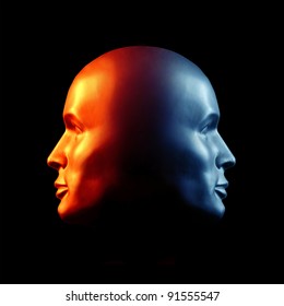 Two-faced head statue suggesting extremes or split personality. Fire & Ice.