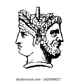 Two-faced Janus. Woman and man heads in profile, connected by the nape. Stylization of the ancient Roman style. Graphical design. 