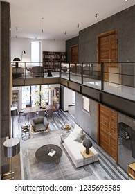 Two-level loft-style interior with a living room and dining area and transitions co glass railing to the library area on the second floor. 3d rendering.