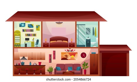 Two-storey Cottage House Cross Section Interior. Modern Cottage With Living Room And Kitchen On First Floor, Bathroom And Bedroom Upstairs, Attic Child Room. Real Estate Concept