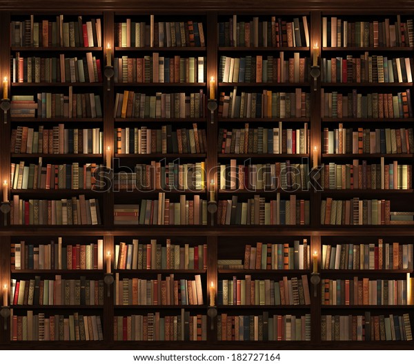 2階建ての本棚 シームレスなテクスチャー 縦と横 背景 ロウソクの照明を持つ謎の図書館 のイラスト素材