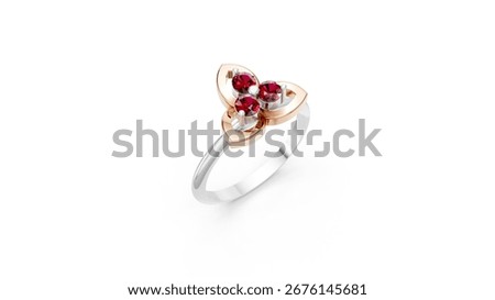 Two-tone ring with ruby gemstones isolated on white – Modern jewelry design showcasing ruby stones on a silver and rose gold band.