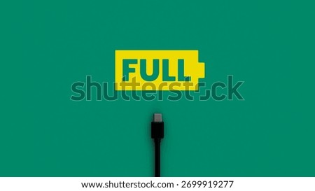 Type-C cable on a green background. Battery charge logo. Full. 3D rendering. Illustration.