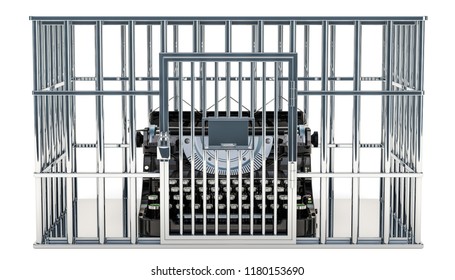 Typewriter inside cage, prison cell. 3D rendering isolated on white background