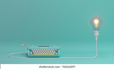 typewriter with light bulb lighting on valentines day on the table colorful in front of lovely wall picture for copy space minimal object concept pastel colorful lovely art 3D illustration