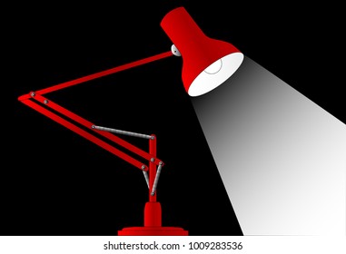 Typical Anglepoise Lamp In Red With A Black Background And White Beam.