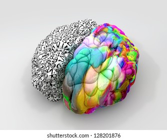 A typical brain with the left side depicting an analytical, structured and logical mind, and the right side depicting a scattered, creative and colorful side on an isolated background
