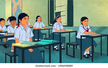 It Is Typical Indian School Drawing. School Students Sitting On Class Room.Geography Background Is Shown In Classroom.