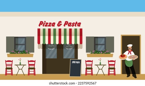 Typical Italian restaurant with plants and Mediterranean decorative and architectural elements. Multicolored awning flag of Italy. Mustachioed chef holding plates of pizza and pasta - Powered by Shutterstock