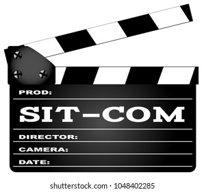 A Typical Movie Clapperboard With The Legend Sit Com Isolated On White.