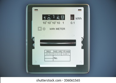 Typical Residential Analog Electric Meter With Transparent Plactic Case Showing Household Consumption In Kilowatt Hours. Electric Power Usage.