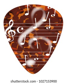 A Typical Tortoise Shell Plectrum Isolated On A White Background With Musical Notes