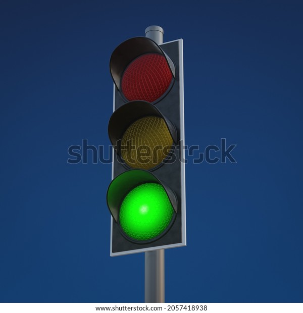 Typical\
traffic light shows green. 3D\
illustration