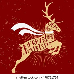 Typographic Christmas Greeting Card With Reindeer. Merry Christmas And A Happy New Year. Grunge Texture. T-shirt Design, Label, Print, Decor Elements, Greeting And Postal Cards. Vintage 