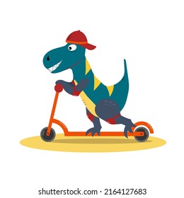 A Tyrannosaur Rex Child In A Baseball Cap And Knee Pads Rides A Scooter