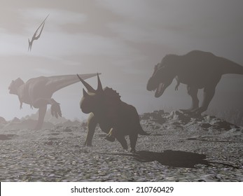 Tyrannosaur And Triceratops Dinosaurs During Impact Winter Just After Asteroid Impacted Earth Surface During Cretaceous Period - 3D Render