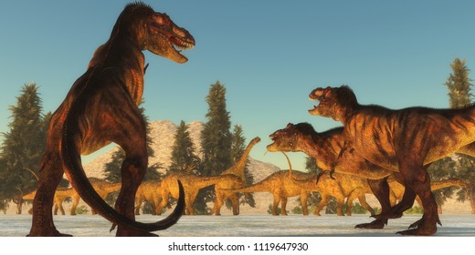 Tyrannosaurus Attack 3D Illustration - A Tyrannosaurus Rex Pack Plans An Attack On A Herd Of Uberabatitan Dinosaurs And Look For The Weakest Member.