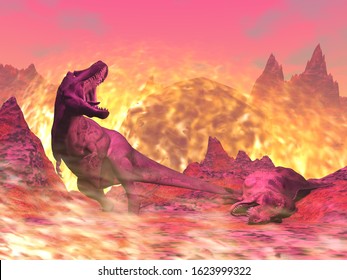 Tyrannosaurus  dinosaur dying in the fire - 3D render
