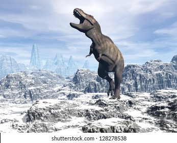 Tyrannosaurus dinosaur walking and shoutinf in snowy landscape