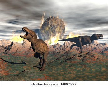 Tyrannosaurus Dinosaurs Escaping Or Dying Because Of Heat And Fire Due To A Big Meteorite Crash
