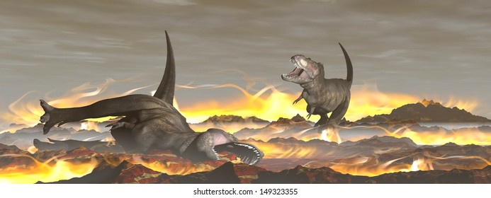 Tyrannosaurus dinosaurs escaping or dying because of heat and fire due to a big meteorite crash