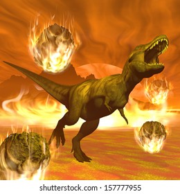 Tyrannosaurus dinosaurs escaping or dying because of heat and fire due to big meteorites crash