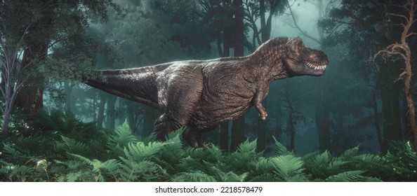 Tyrannosaurus In The Forest. He Lived During The Late Cretaceous - Maastrichtian. This Is A 3d Render Illustration