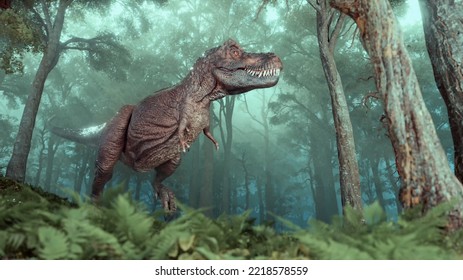 Tyrannosaurus In  Forest. He Lived During The Late Cretaceous - Maastrichtian. This Is A 3d Render Illustration