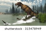Tyrannosaurus rex dinosaur attacked by deinosuchus crocodile near calamite trees and nipa plants by day - 3D render