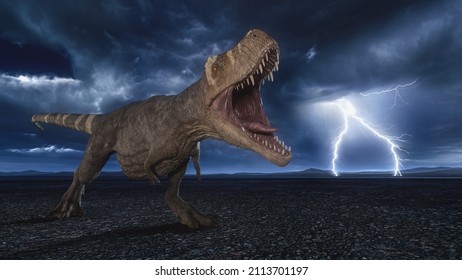 Tyrannosaurus Rex Dinosaur Roars In A Barren Desert Landscape At Night With Lightning Storm In The Background. 3D Illustration.