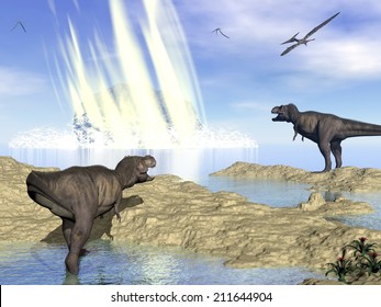 Tyrannosaurus Rex And Pteranodon Looking At Meteorite Impact In Yucatan, Mexico, That Created Chicxulub Crater And Induced End Of Dinosaurs - 3D Render