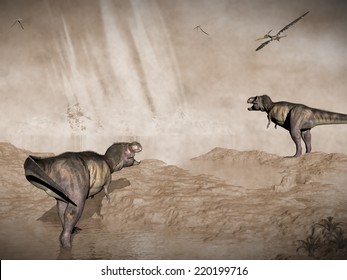 Tyrannosaurus Rex And Pteranodon Looking At Meteorite Impact In Yucatan, Mexico, That Created Chicxulub Crater And Induced End Of Dinosaurs, Vintage Style - 3D Render