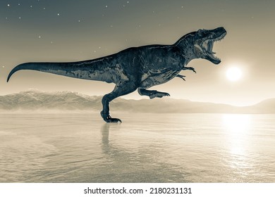 Tyrannosaurus Rex Is Running On Ice Age, 3d Illustration