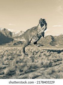 Tyrannosaurus Rex Is Running In Plains And Mountains, 3d Illustration