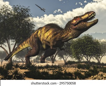 Tyrannosaurus Rex Standing Upon Its Eggs To Protect Them By Day, Next To Tamaris Trees And Onychiopsis Plants - 3D Render