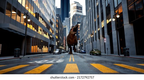 Tyrannosaurus Rex Walks Down A New York Street. Dinosaur On The Hunt. High Skyscrapers Downtown In The Big City. USA, North America. 3D Rendering