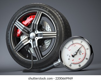 Tyre pressure gauge and car wheel. Inflation, inspection and measurement of wheel tyre. 3d illustration - Powered by Shutterstock