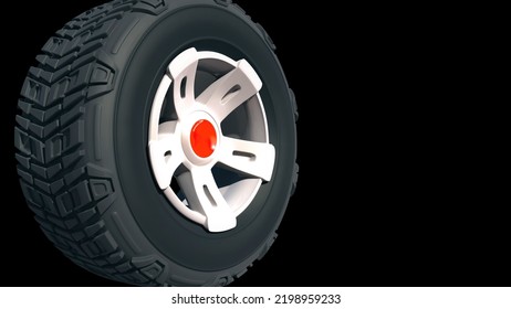 Tyre wheels 3D render on dark background. 3D Illustration