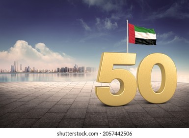 UAE 50th National Day Greeting. 3D illustration of the number 50 with UAE Flag.